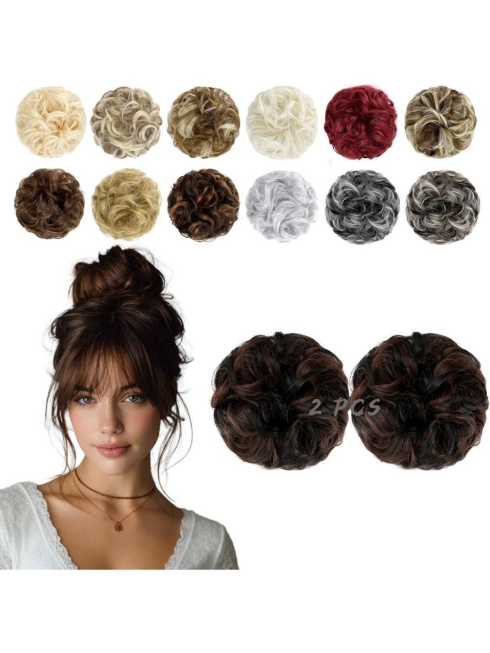 2 PCS Wavy Curly Messy Bun Hair Pieces - Thick Synthetic Ponytail Extensions